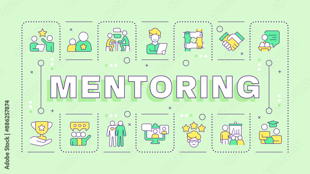 Mentorship light green word concept. Professional support. Guidance and patronage. Typography banner. Vector illustration with title text, editable icons color. Hubot Sans font used Mentorship light green word concept. Professional support. Guidance and patronage. Typography banner. Vector illustration with title text, editable icons color. Hubot Sans font used