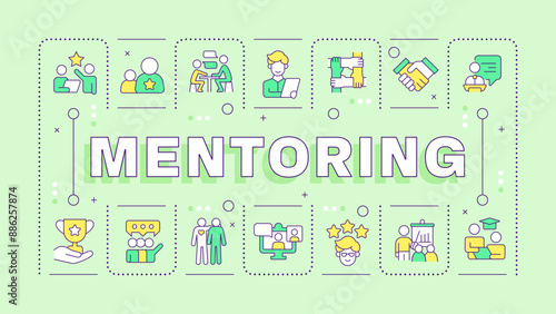 Mentorship light green word concept. Professional support. Guidance and patronage. Typography banner. Vector illustration with title text, editable icons color. Hubot Sans font used