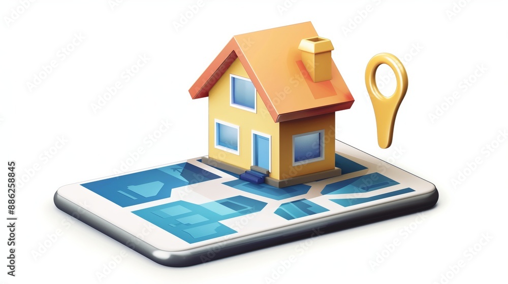 A digital map displayed on a tablet with a 3D house and location marker A digital map displayed on a tablet with a 3D house and location marker