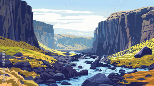 Beautiful panoramic view of canyons and river, vector illustration.