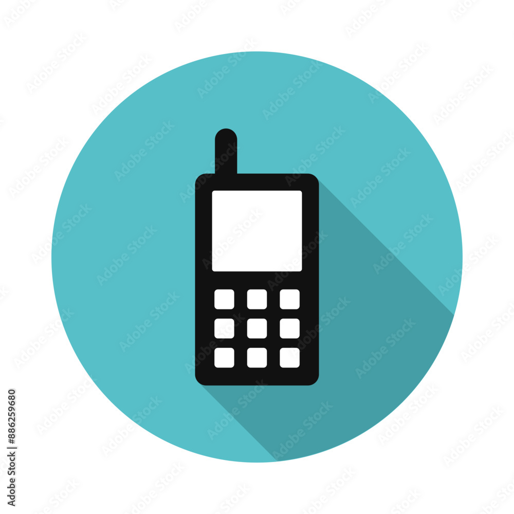 Vector mobile phone icon, flat design mobile phone on a circle background with shadow. Vector mobile phone icon, flat design mobile phone on a circle background with shadow.