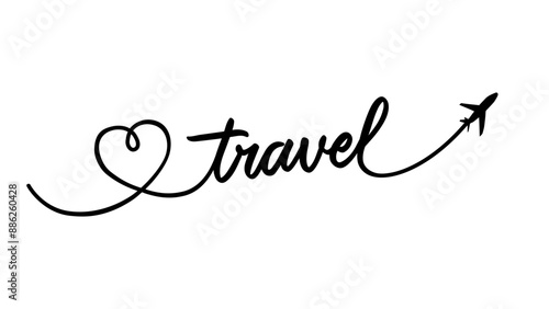 Love travel, airplane flight route, tourism path. Continuous one line drawing of airplane path in heart form. Vector illustration, line with start point and hearted way