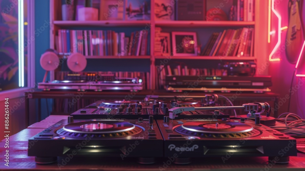 Obraz premium Two turntables are set up on a table in a music studio. There are bookshelves in the background, filled with books and framed artwork.