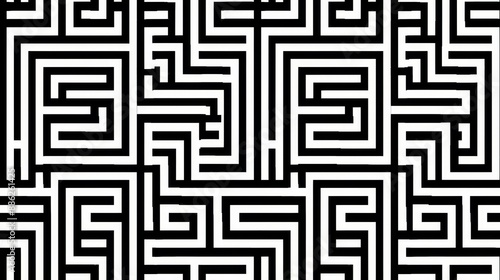Seamless black and white maze pattern with intricate geometric design. Ideal for backgrounds, wallpapers, and abstract art projects.