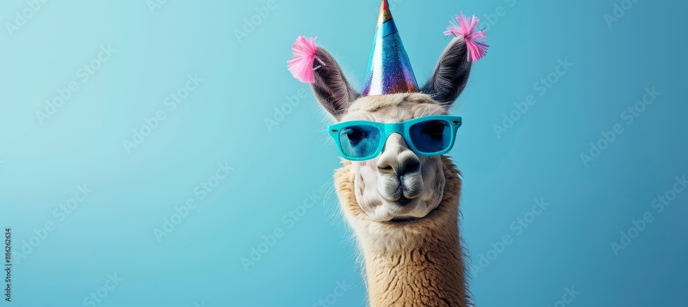 Fototapeta premium A funny animals card featuring an alpaca wearing a party hat, sunglasses, and confetti on a blue background for a birthday, carnival, sylvester, or any other festive occasion