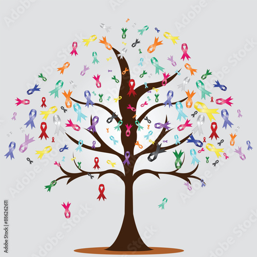 Awareness ribbons tree flat vector illustration, suitable for world cancer day design.