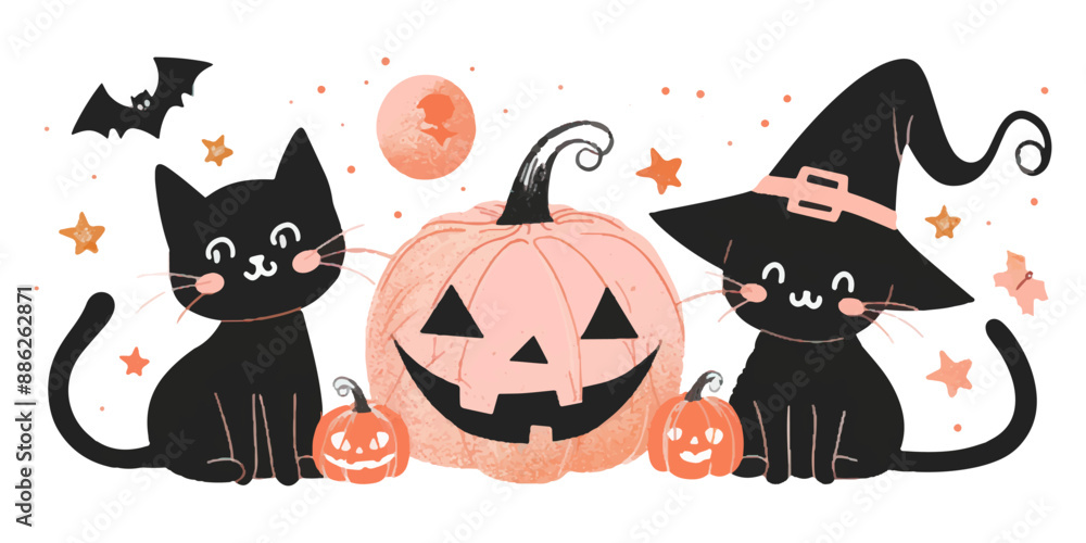 Cute pink pumpkins, black cats and witches hats on a white background Cute pink pumpkins, black cats and witches hats on a white background