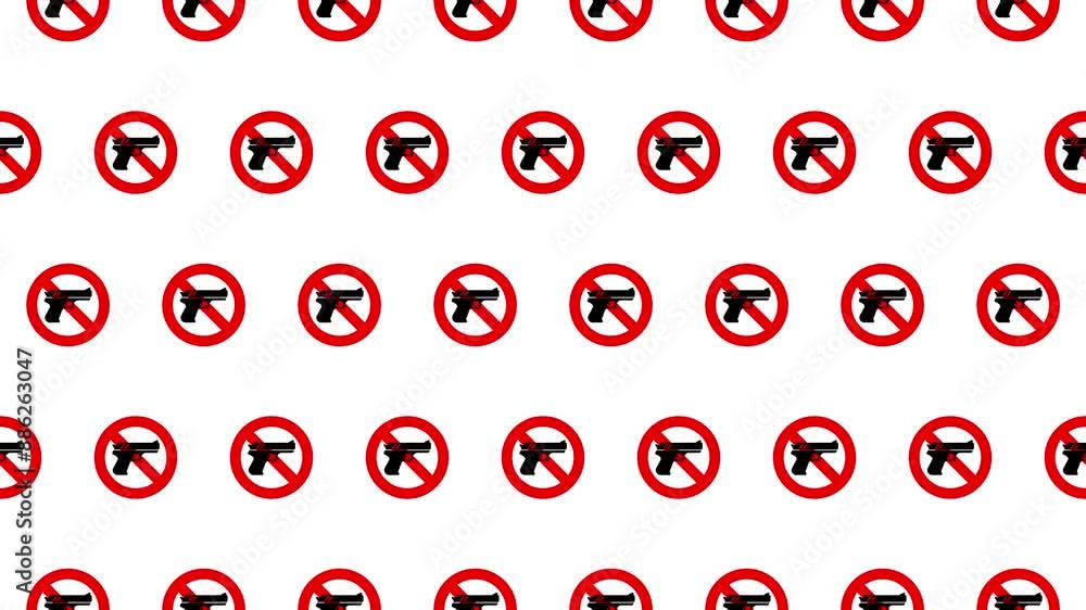 Seamless loop pattern of gun icons with no symbol on a white background. Infographic and pictogram background. Public Safety and Order, Anti-Violence. 4K Motion Graphics. Seamless loop pattern of gun icons with no symbol on a white background. Infographic and pictogram background. Public Safety and Order, Anti-Violence. 4K Motion Graphics.