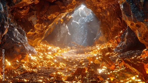 In a remote valley, within a colossal golden mine, countless gold nuggets and gemstones are embedded within the rocks.