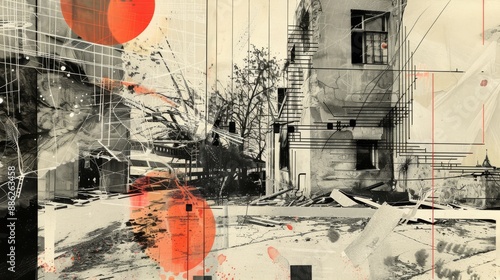 Abstract Urban Landscape with Geometric Shapes and Ruined Buildings