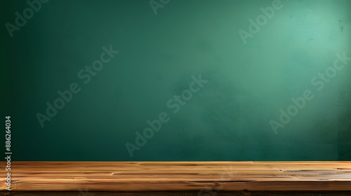 Empty wooden table against a green wall background. 