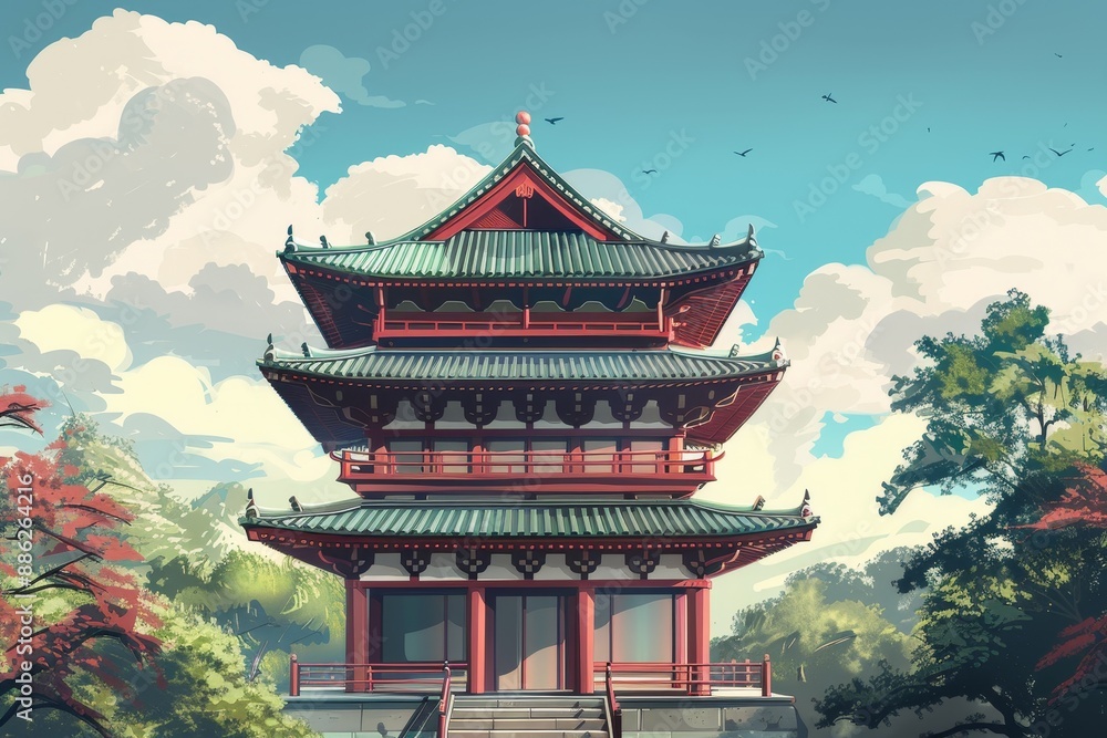 A painting depicting a pagoda surrounded by lush green trees in a forest setting, Create a modern interpretation of the classic pagoda design A painting depicting a pagoda surrounded by lush green trees in a forest setting, Create a modern interpretation of the classic pagoda design