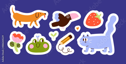 Cute comic stickers set. Cat, dog, flower, bird, frog and strawberry, design elements in funny doodle kids style. Modern kawaii quirky decorations. Childish creative isolated flat vector illustration