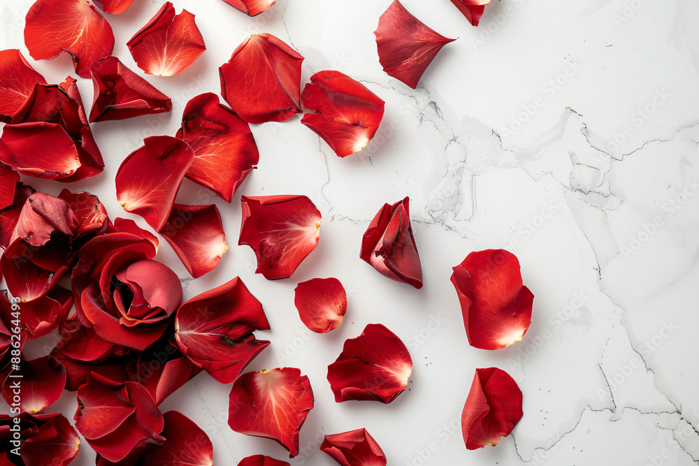 Fototapeta premium Valentine's Day background with red rose petals on a white table top in a view, flat lay, space for text stock photo contest winner, high resolution