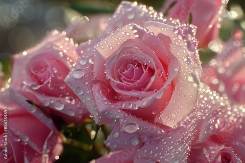 A cluster of pink roses covered in fresh morning dew, the water droplets sparkling like tiny jewels on the petals, with the soft morning light creating a dreamy, romantic atmosphere.