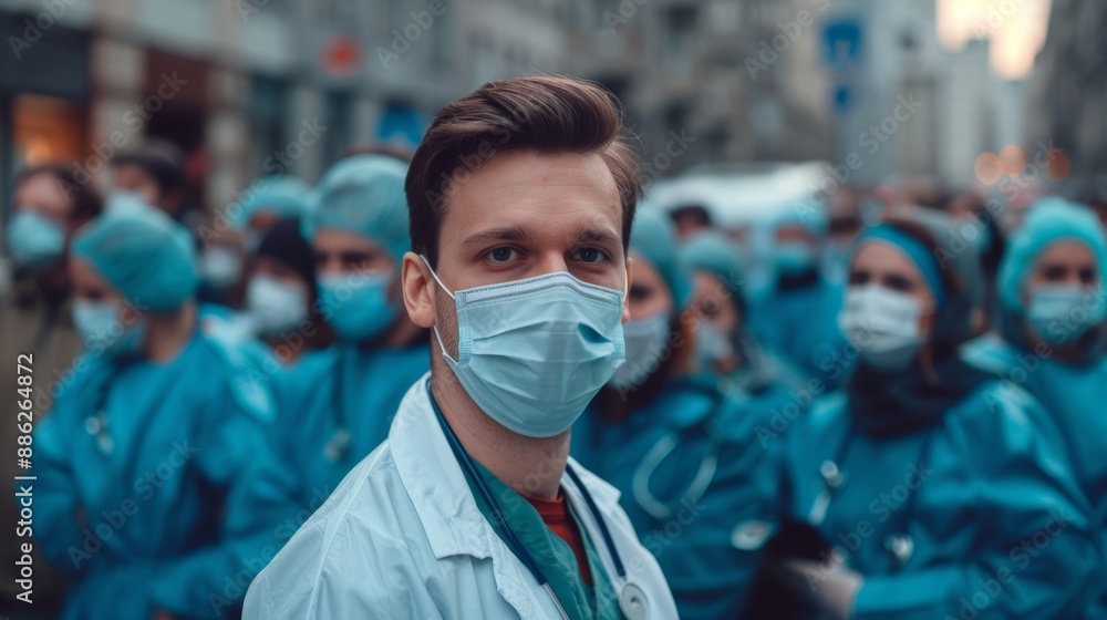 Concept: medical workers, strike and social issues in health and clinics. Group of people in medical uniforms rallying together. Concept: medical workers, strike and social issues in health and clinics. Group of people in medical uniforms rallying together.