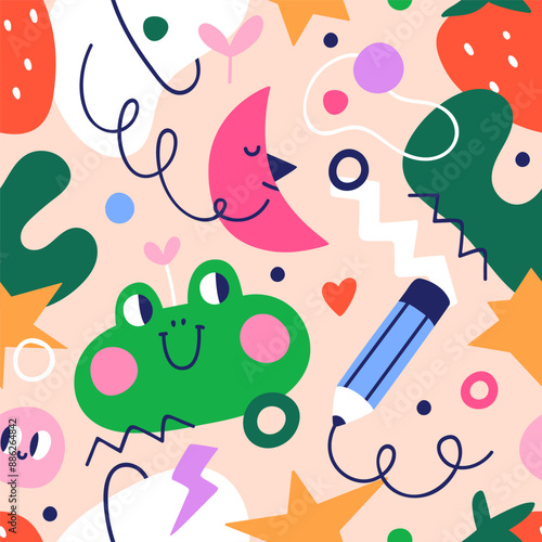 Cute kids pattern, seamless print. Comic doodle style background, endless tex...