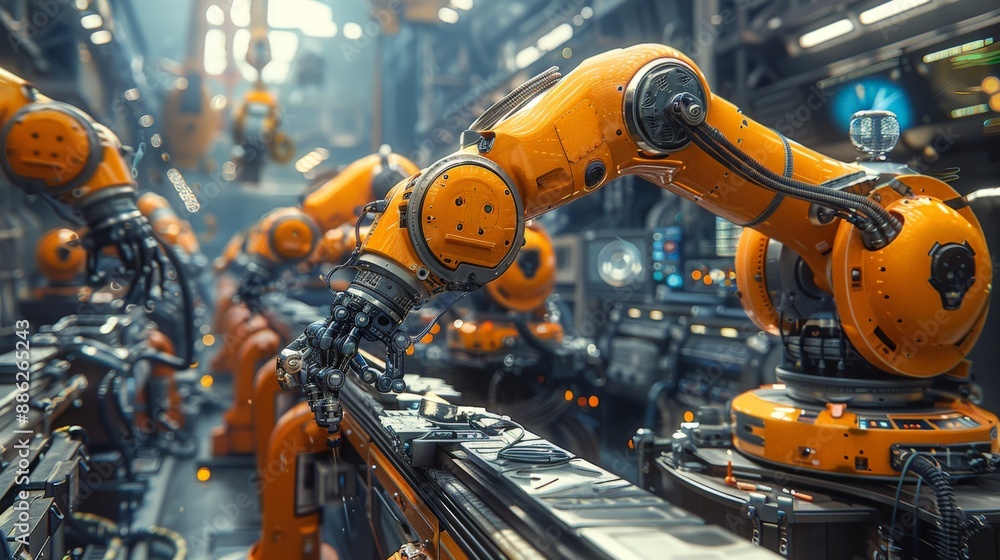 In a workshop, robotic arms are busy working in the workshop. In a workshop, robotic arms are busy working in the workshop.