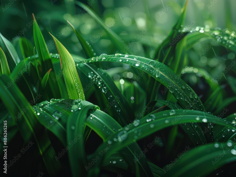 Fototapeta premium Dew Drops on Lush Green Grass, Nature's Simplicity Captured in Water Droplets Tumbling on Blades of Grass, a Serene Image of Tranquility and Freshness