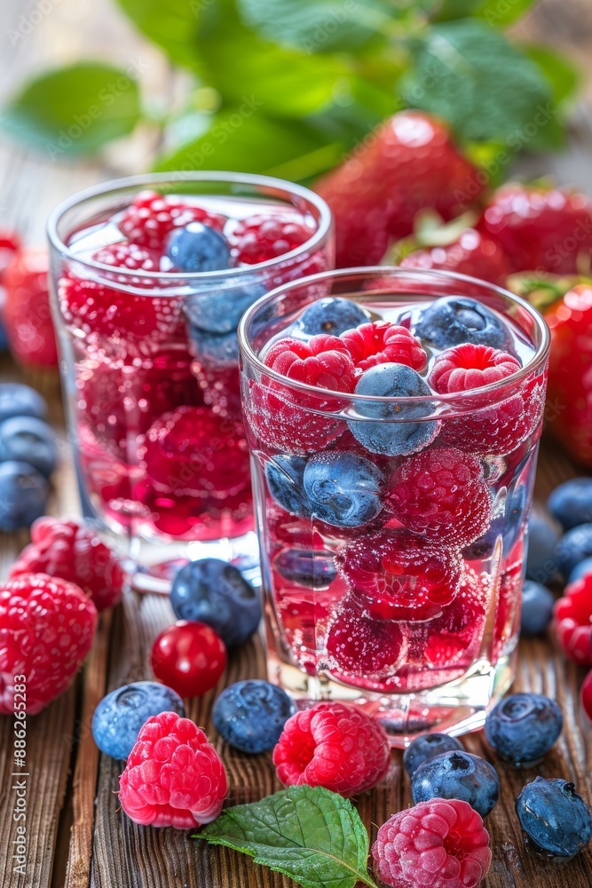 Vibrant fruit berry cocktails with ice on nature themed table setting for refreshing enjoyment Vibrant fruit berry cocktails with ice on nature themed table setting for refreshing enjoyment