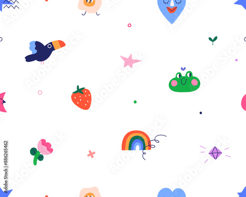 Cute comic pattern. Seamless kids background, repeating print. Doodle style t...
