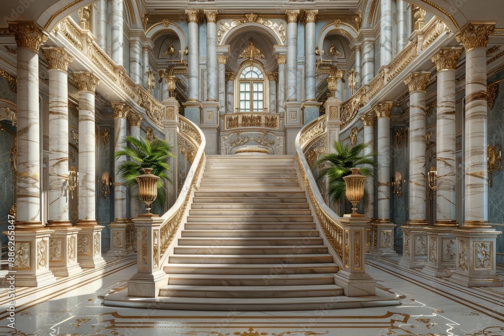 Obraz premium A grand staircase inside a neoclassical palace with a large window overlooking the surroundings, Create a neoclassical building with a grand staircase leading up to a majestic entrance