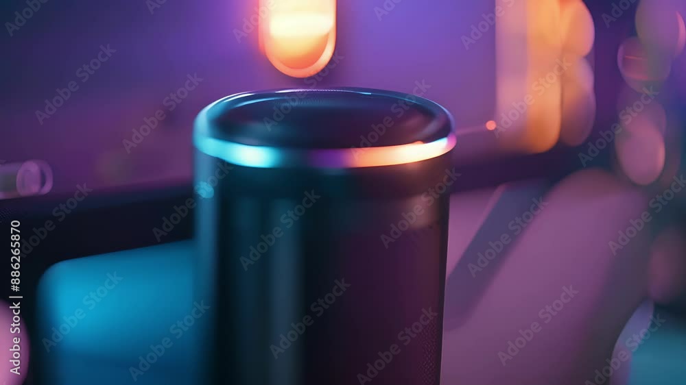 A detailed shot of a home assistants microphone with a small LED light indicating that it is actively listening for voice commands. A detailed shot of a home assistants microphone with a small LED light indicating that it is actively listening for voice commands.