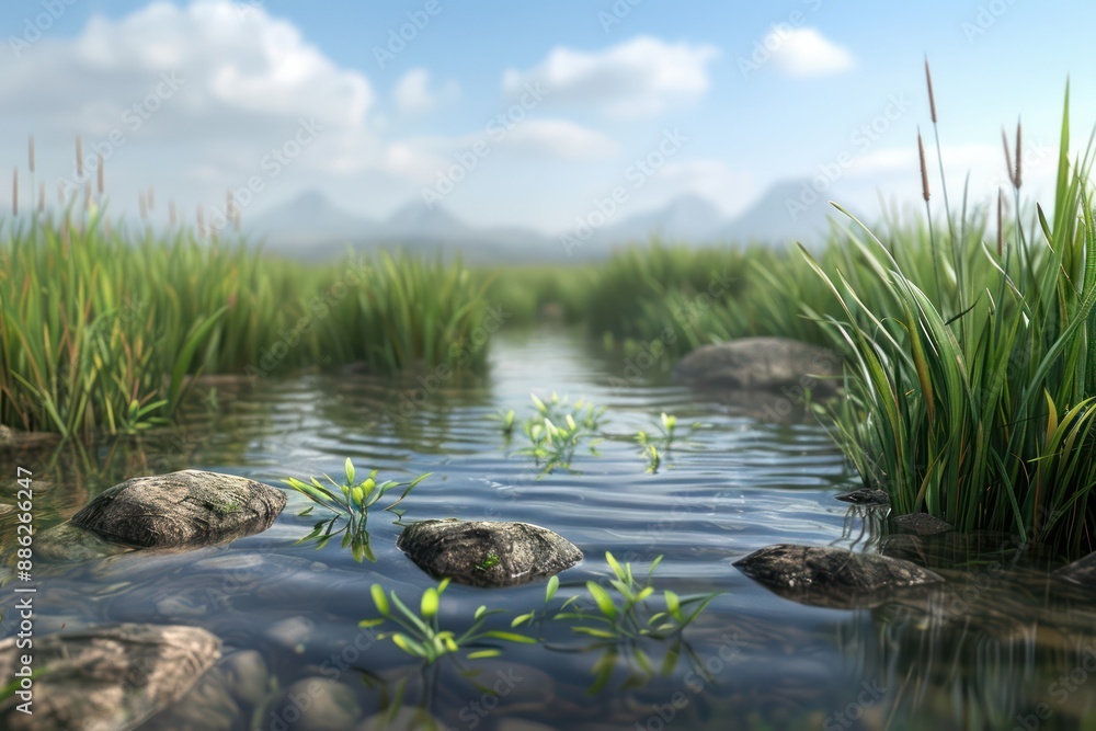 Fototapeta premium Tranquil Clear Water in a Natural Basin Surrounded by Lush Grass and Mountains, A Serene Landscape Scene