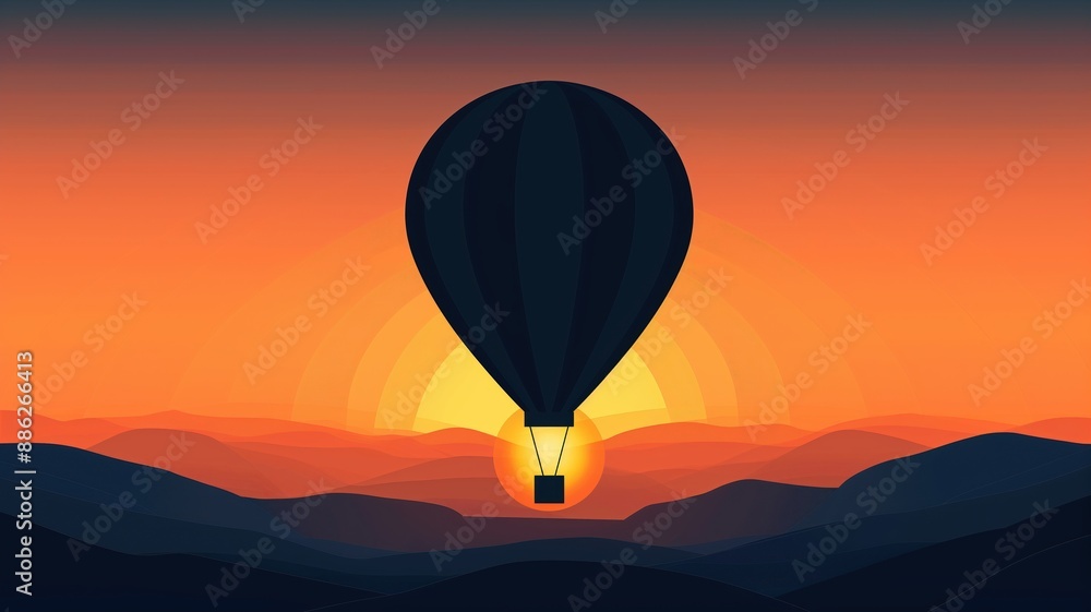 Fototapeta premium Fire flame, hot air balloon rising at sunset, flat design illustration