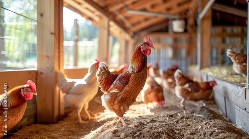 A modern chicken coop with automated feeding systems and clean, spacious living conditions for the chickens