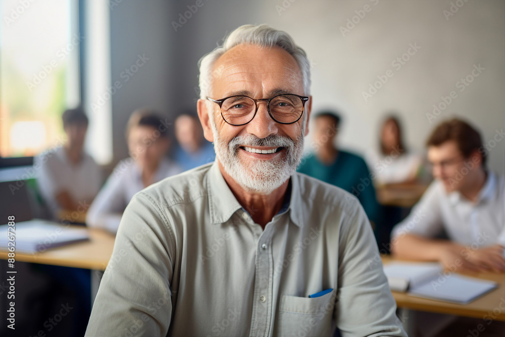 AI generative image of mature man manager going back to school for a training a pass a new degree AI generative image of mature man manager going back to school for a training a pass a new degree