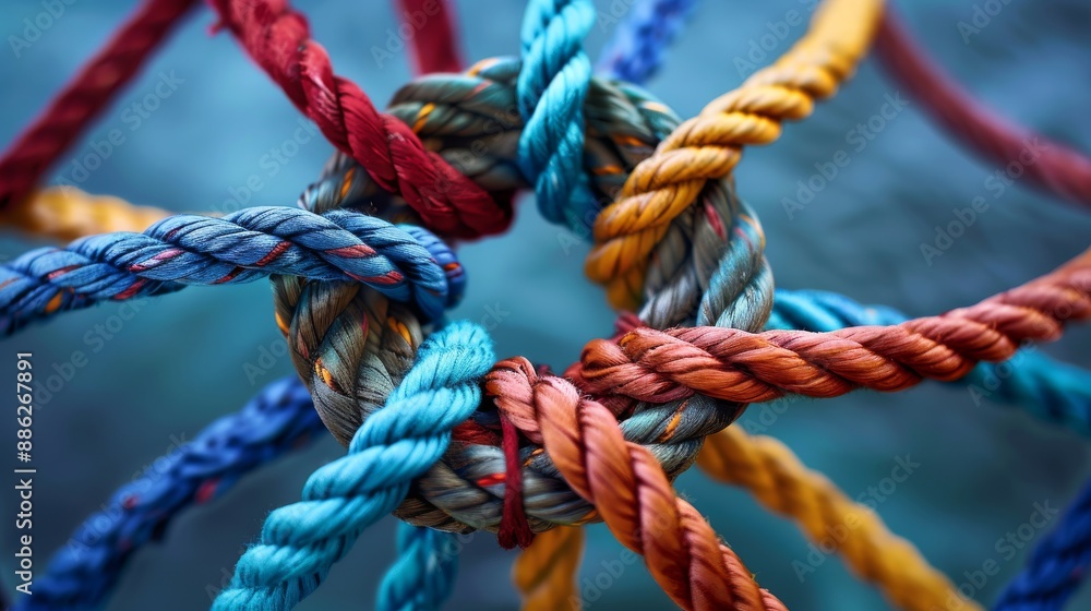 Knots of colorful ropes symbolizing diversity, strength, partnership, teamwork and unity. Knots of colorful ropes symbolizing diversity, strength, partnership, teamwork and unity.