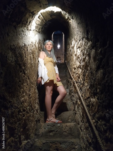 Woman in Historic Stone Stairway
