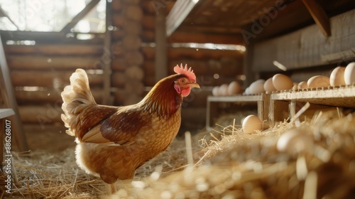 An interior shot of a modern chicken coop, showing chickens comfortably roosting and laying eggs in nest boxes