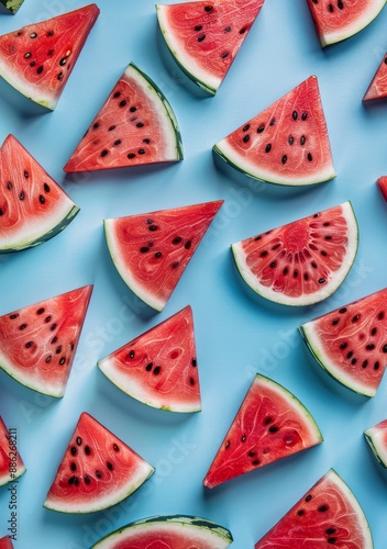 Watermelon slices on a sunny day. Trendy summer red fruits on pastel blue background. Aesthetic nature concept.