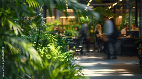 Depict the balance of nature and work in a bustling office environment with blurred business professionals and lush greenery