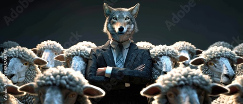 An office election scene with the wolf in a suit campaigning among sheep, highlighting the concept of hidden motives in corporate politics