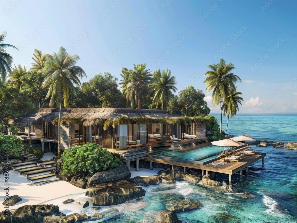 Fototapeta premium Experience a lavish island retreat offering individualized luxury services and unique experiences, promising personalized indulgence in a stunning tropical setting.