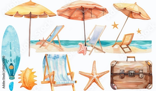 Clipart of watercolor summer illustrations, palm trees and chaise lounge, umbrellas, suitcases, beach vacation, and travel illustrations