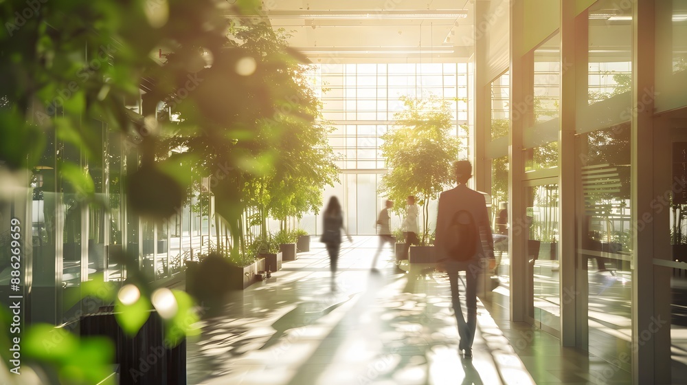 Show the peaceful coexistence of business activity and natural elements in an office hallway with blurred employees and sunlit trees Show the peaceful coexistence of business activity and natural elements in an office hallway with blurred employees and sunlit trees