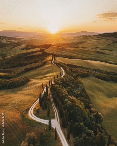 This aerial view shows the Val d'Orcia and Crete Senesi in Asciano, Siena. photo