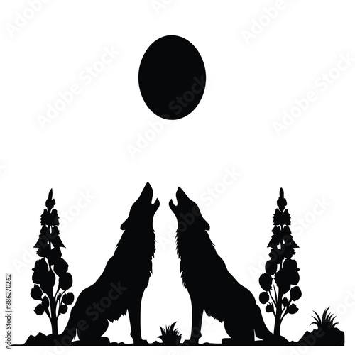 howling wolves silhouettes, isolated white background,  