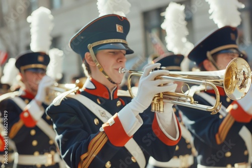 A marching band in uniform playing the trumpets at a parade, street photography.