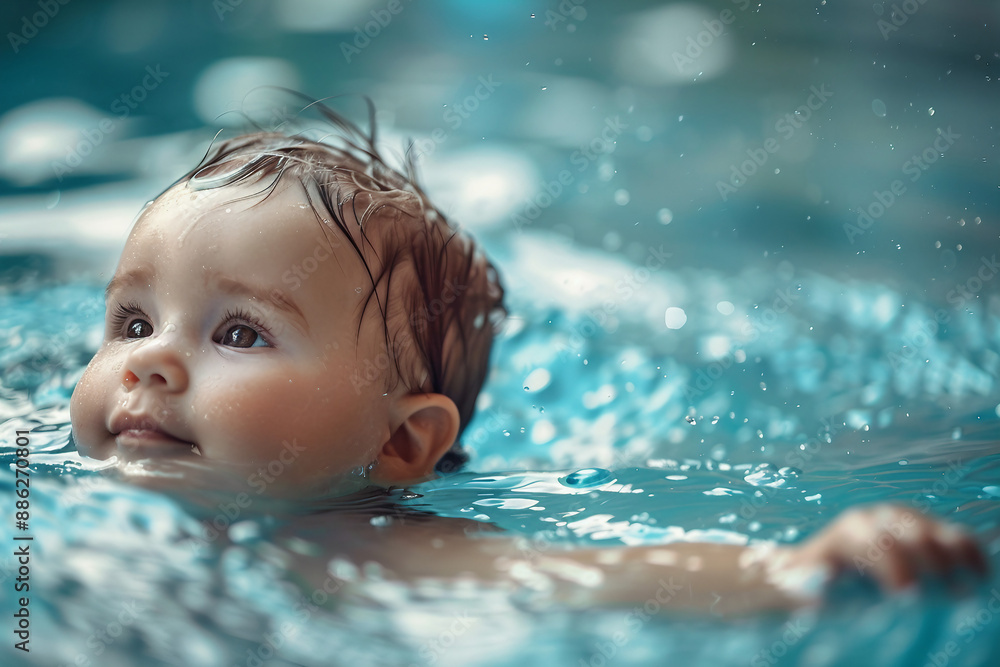 Φωτογραφία AI generated portrait of cute adorable newborn baby swimming in water