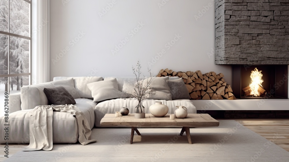 Fototapeta premium Cozy Winter Retreat: Fireplace & Lounge