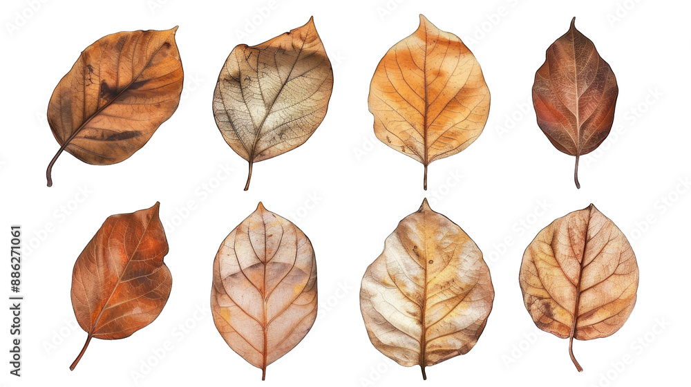 Obraz premium set of dry leaves, dead, dehydrated and discolored fallen leaves, common during fall season, transparent background or PNG file.