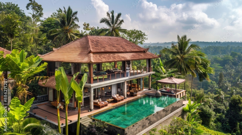 Fototapeta premium Discover an opulent private villa boasting photogenic views and top-tier luxury amenities, ideal for an unforgettable and luxurious stay.