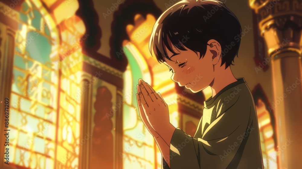 A Young Boy Praying in a Mosque A Young Boy Praying in a Mosque