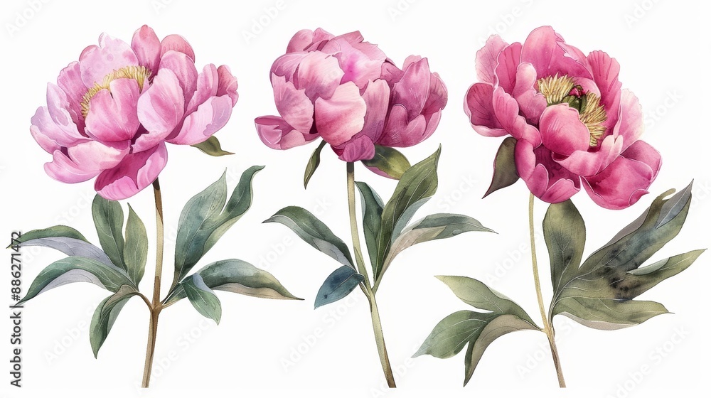 Isolated on a white background, these watercolor drawings depict garden-inspired peony flowers and decorative botanical details Isolated on a white background, these watercolor drawings depict garden-inspired peony flowers and decorative botanical details
