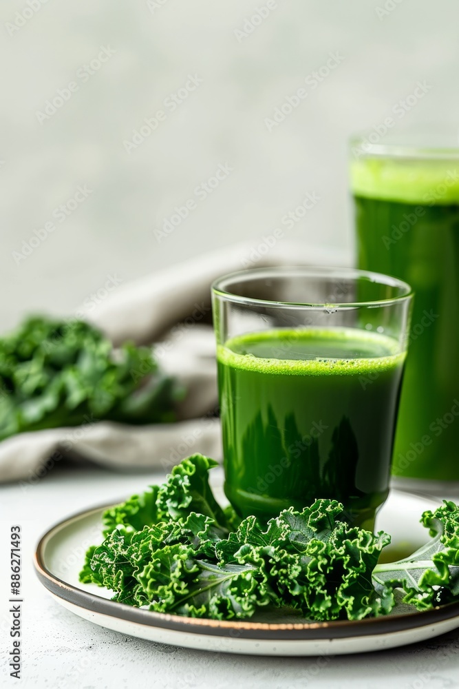 Green jugo of col rizada and fresh col rizada leaves on white plate with grey background Green jugo of col rizada and fresh col rizada leaves on white plate with grey background